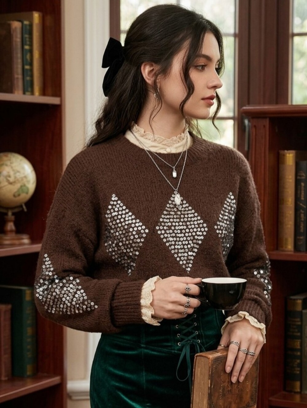 Brown Sequin Diamond Cozy Wool Blend Knit Crop Dark Academia Whimsygoth Sweater